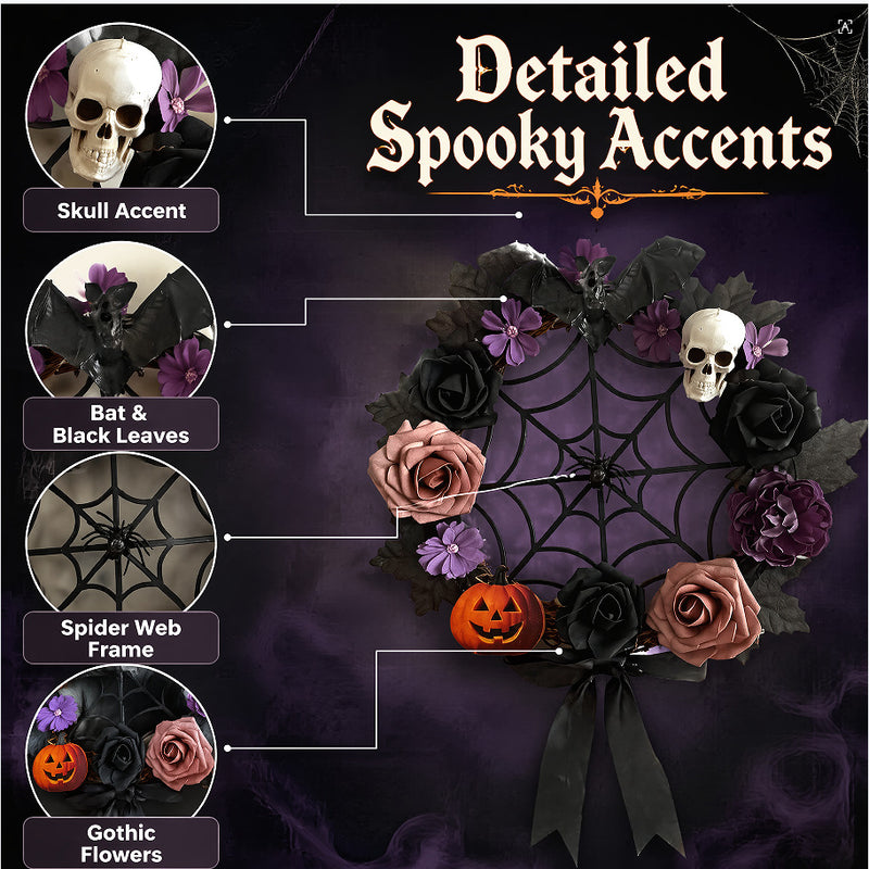 Halloween Wreath Door Hanging Decor - 16" Gothic Skeleton Rose & 12" Spider Web, Realistic Faux Floral for Holiday, Home, Events