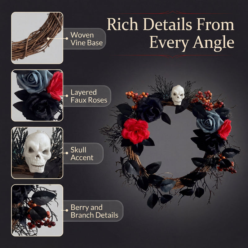 Halloween Wreath Door Hanging Decor - 16" Gothic Skeleton Rose & 12" Spider Web, Realistic Faux Floral for Holiday, Home, Events