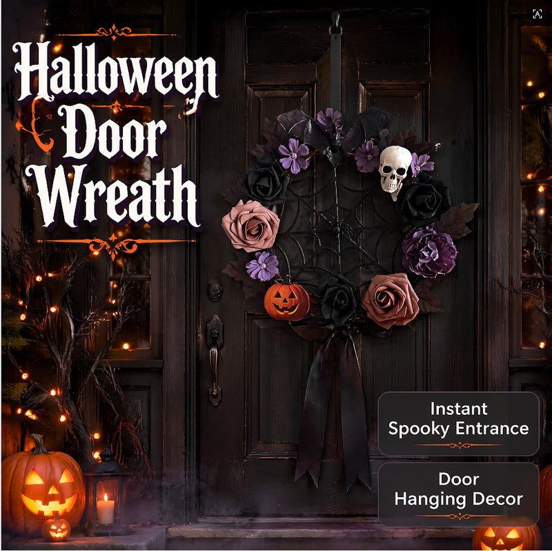 Halloween Wreath Door Hanging Decor - 16" Gothic Skeleton Rose & 12" Spider Web, Realistic Faux Floral for Holiday, Home, Events