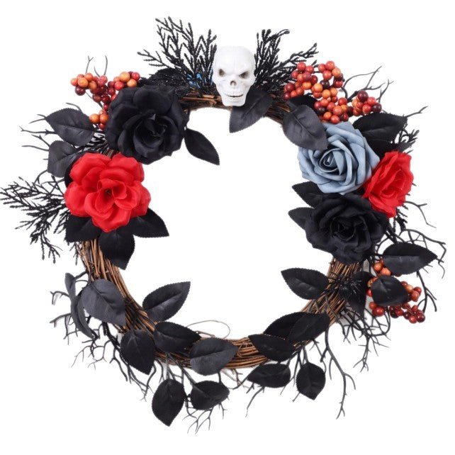 Halloween Wreath Door Hanging Decor - 16" Gothic Skeleton Rose & 12" Spider Web, Realistic Faux Floral for Holiday, Home, Events