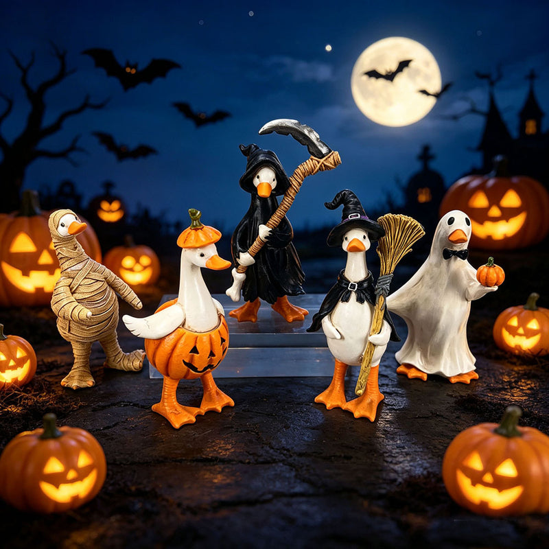 Halloween Duck Figurine Set - Mummy, Witch, Pumpkin, Ghost & Reaper, 3" Resin Decor, Spooky Tabletop Display, Party Favors, Home & Event Decor