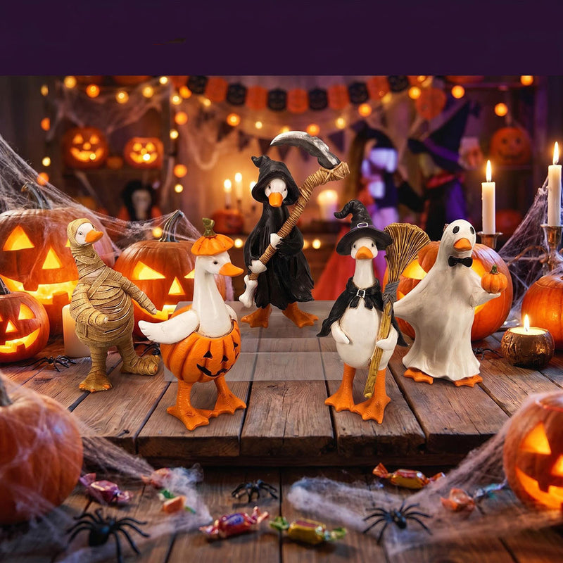 Halloween Duck Figurine Set - Mummy, Witch, Pumpkin, Ghost & Reaper, 3" Resin Decor, Spooky Tabletop Display, Party Favors, Home & Event Decor