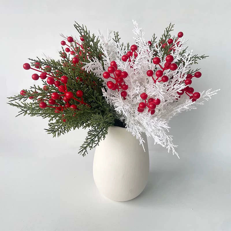 Realistic Artificial Pine Cone & Red Berry Christmas Greenery, 14", Plastic, Green & White, Perfect for Home Decor, Weddings, Holiday Arrangements