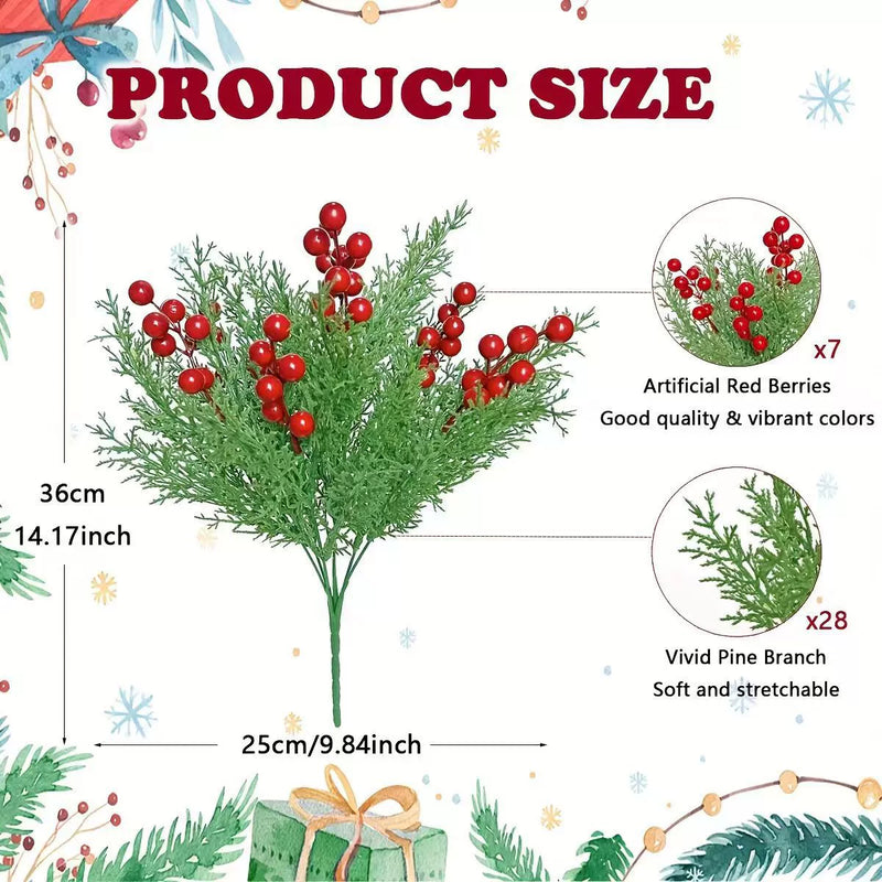 Realistic Artificial Pine Cone & Red Berry Christmas Greenery, 14", Plastic, Green & White, Perfect for Home Decor, Weddings, Holiday Arrangements
