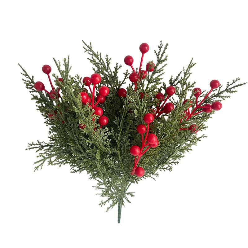 Realistic Artificial Pine Cone & Red Berry Christmas Greenery, 14", Plastic, Green & White, Perfect for Home Decor, Weddings, Holiday Arrangements