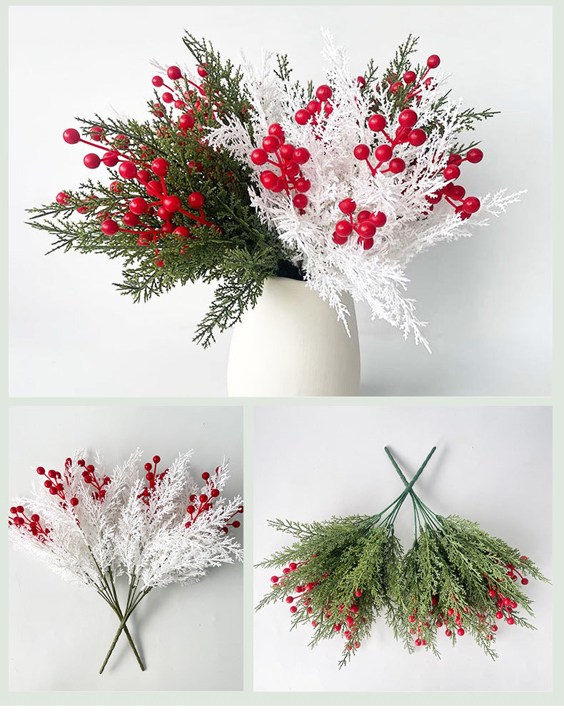 Realistic Artificial Pine Cone & Red Berry Christmas Greenery, 14", Plastic, Green & White, Perfect for Home Decor, Weddings, Holiday Arrangements