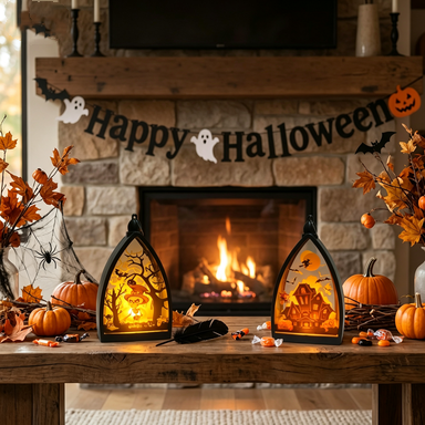 Halloween Decorations Pumpkin Ghost House Skeleton LED Light, 6.5" Tall, Spooky Atmosphere, Indoor Outdoor Decor, Party Props