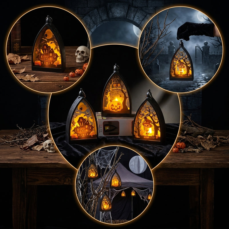 Halloween Decorations Pumpkin Ghost House Skeleton LED Light, 6.5" Tall, Spooky Atmosphere, Indoor Outdoor Decor, Party Props