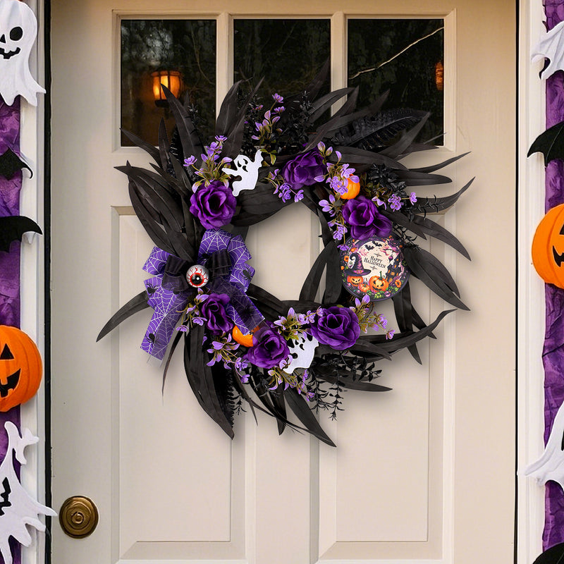 Halloween Faux Rose & Twig Wreath, 20" Real-Touch Gothic Decor for Doors, Walls, Parties & Home Decor