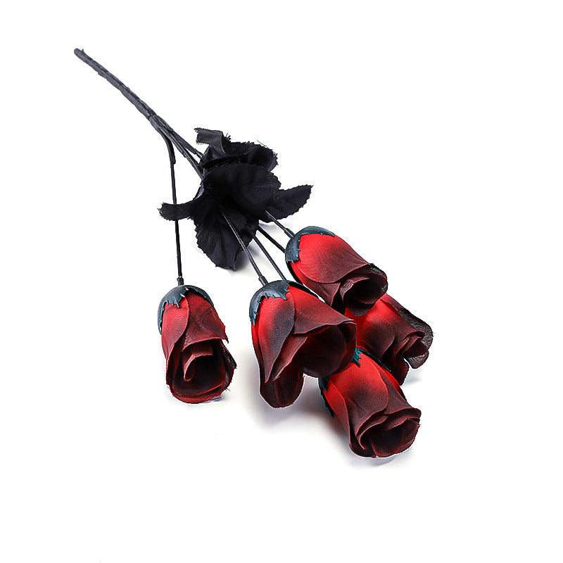 Set of 5 Dark-Toned Mini Silk Roses, 16" Long, Gothic Style Faux Flowers for Halloween, Weddings, Home Decor, and Events