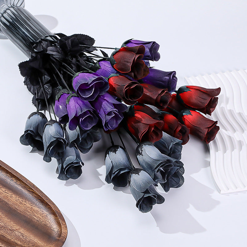 Set of 5 Dark-Toned Mini Silk Roses, 16" Long, Gothic Style Faux Flowers for Halloween, Weddings, Home Decor, and Events