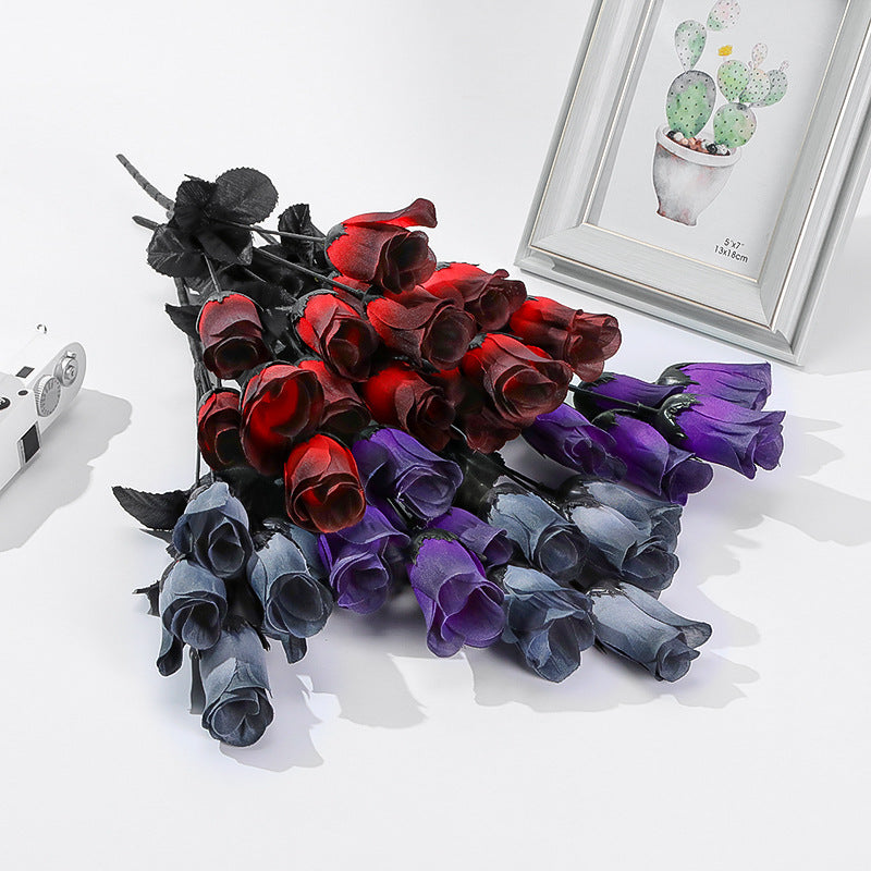 Set of 5 Dark-Toned Mini Silk Roses, 16" Long, Gothic Style Faux Flowers for Halloween, Weddings, Home Decor, and Events