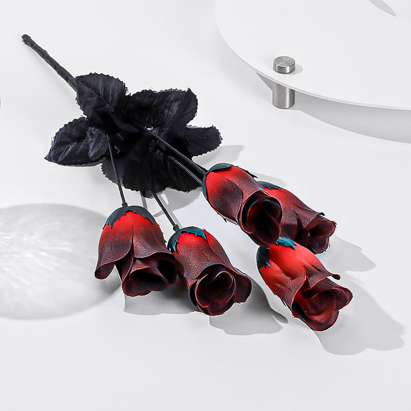 Set of 5 Dark-Toned Mini Silk Roses, 16" Long, Gothic Style Faux Flowers for Halloween, Weddings, Home Decor, and Events