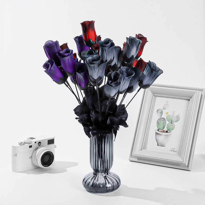 Set of 5 Dark-Toned Mini Silk Roses, 16" Long, Gothic Style Faux Flowers for Halloween, Weddings, Home Decor, and Events