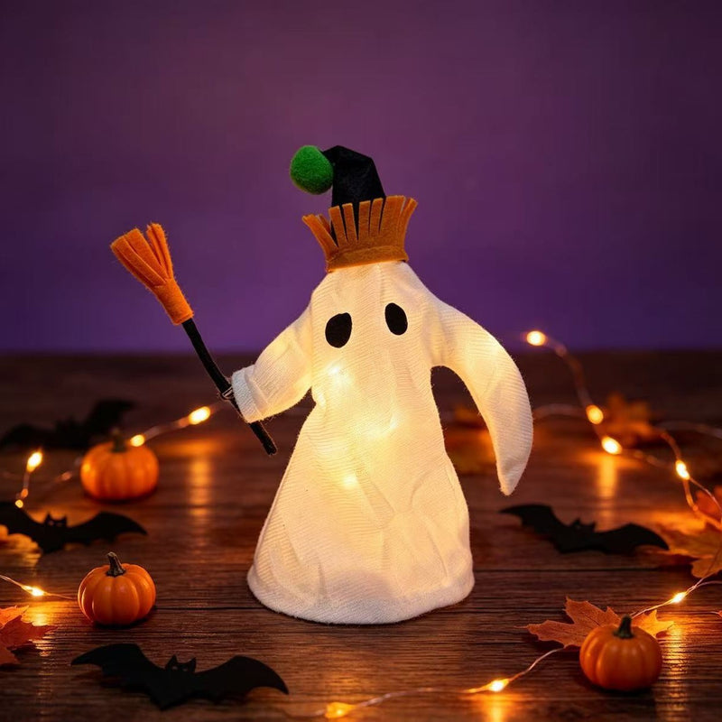 Halloween LED Light-Up Ghost Figurine with Witch Hat and Broom, 11" Long Spooky Decor for Home, Events and Parties