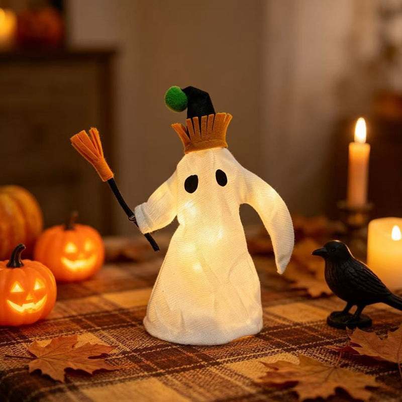 Halloween LED Light-Up Ghost Figurine with Witch Hat and Broom, 11" Long Spooky Decor for Home, Events and Parties