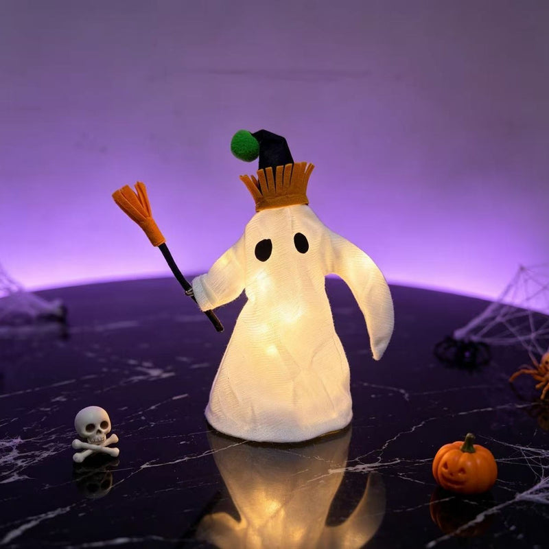 Halloween LED Light-Up Ghost Figurine with Witch Hat and Broom, 11" Long Spooky Decor for Home, Events and Parties