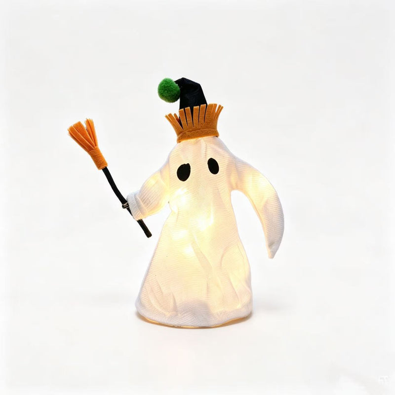 Halloween LED Light-Up Ghost Figurine with Witch Hat and Broom, 11" Long Spooky Decor for Home, Events and Parties