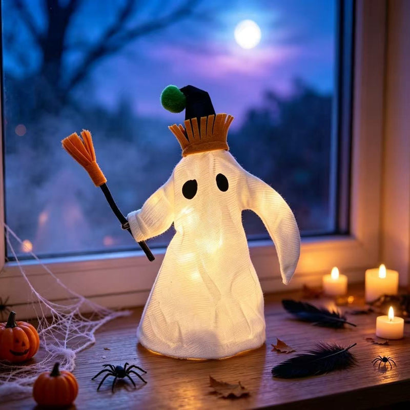Halloween LED Light-Up Ghost Figurine with Witch Hat and Broom, 11" Long Spooky Decor for Home, Events and Parties