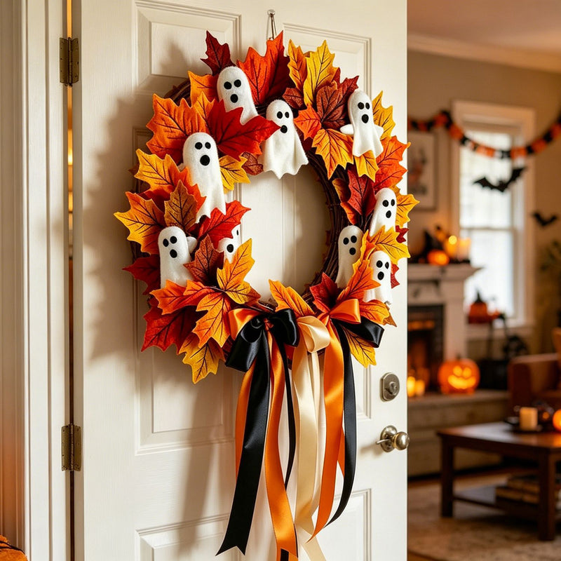 Halloween Ghost Wreath Bow Door Hanging Decor, 16", Realistic Touch, Perfect for Home Decor, Events & Gifting