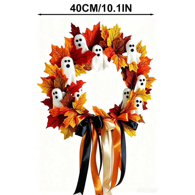 Halloween Ghost Wreath Bow Door Hanging Decor, 16", Realistic Touch, Perfect for Home Decor, Events & Gifting