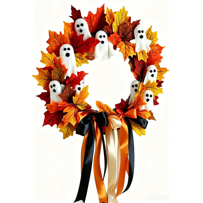 Halloween Ghost Wreath Bow Door Hanging Decor, 16", Realistic Touch, Perfect for Home Decor, Events & Gifting