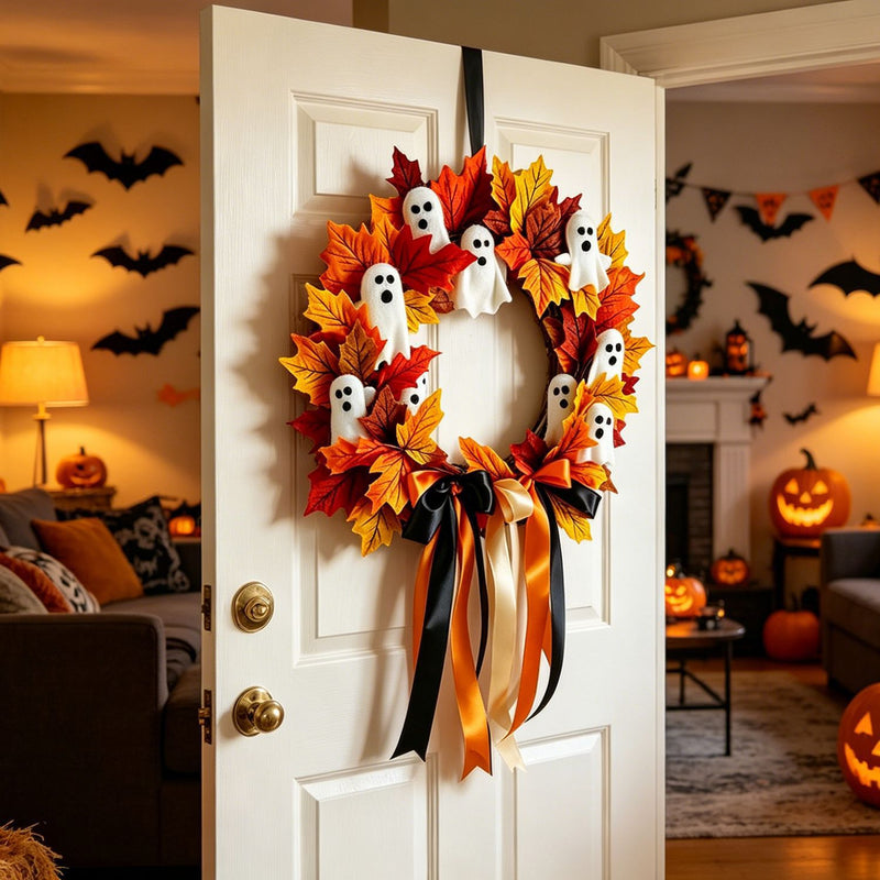 Halloween Ghost Wreath Bow Door Hanging Decor, 16", Realistic Touch, Perfect for Home Decor, Events & Gifting
