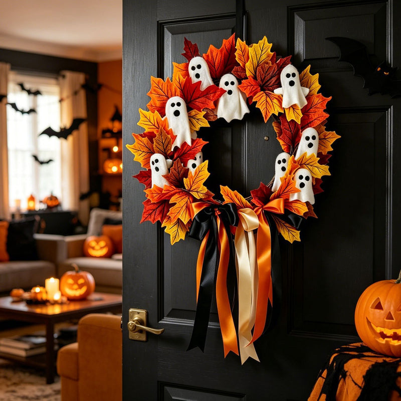 Halloween Ghost Wreath Bow Door Hanging Decor, 16", Realistic Touch, Perfect for Home Decor, Events & Gifting