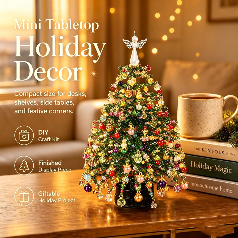 11" DIY Beaded Christmas Tree Kit with Lights & Decorations, Realistic Tabletop Holiday Decor for Home, Weddings, Events & Gifting