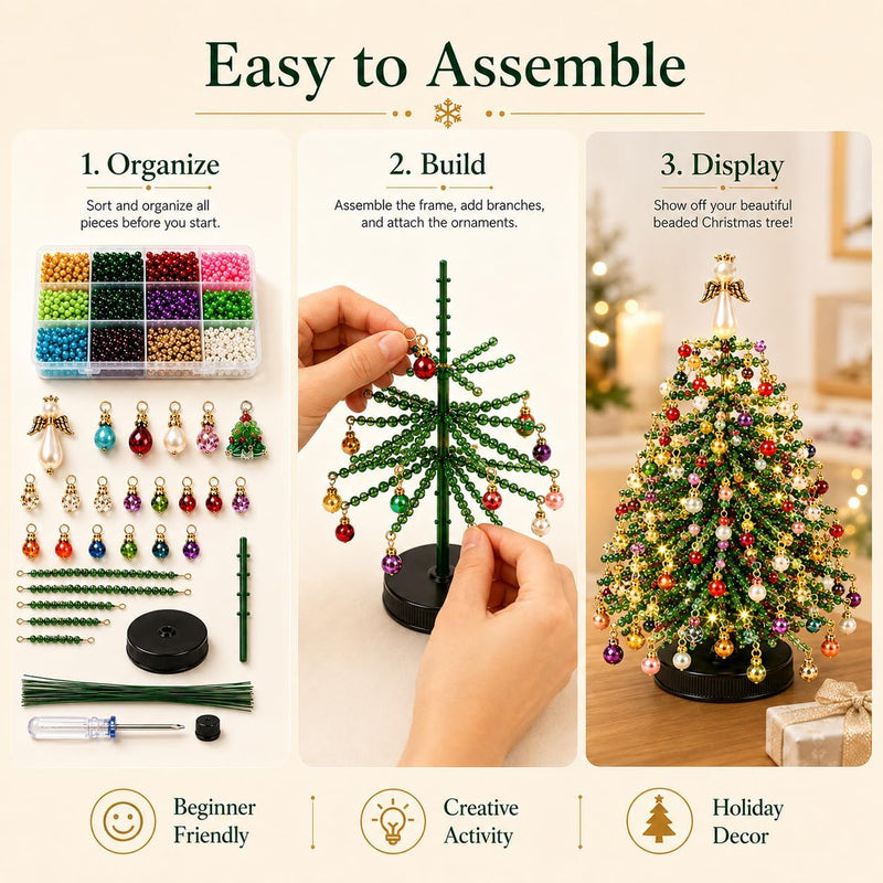 11" DIY Beaded Christmas Tree Kit with Lights & Decorations, Realistic Tabletop Holiday Decor for Home, Weddings, Events & Gifting