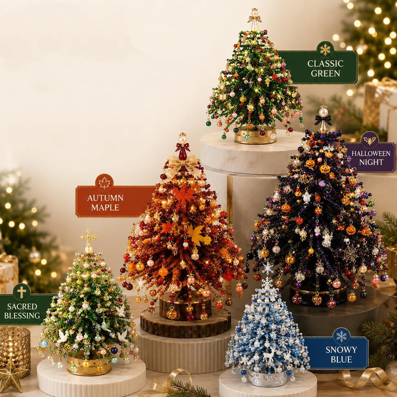 11" DIY Beaded Christmas Tree Kit with Lights & Decorations, Realistic Tabletop Holiday Decor for Home, Weddings, Events & Gifting