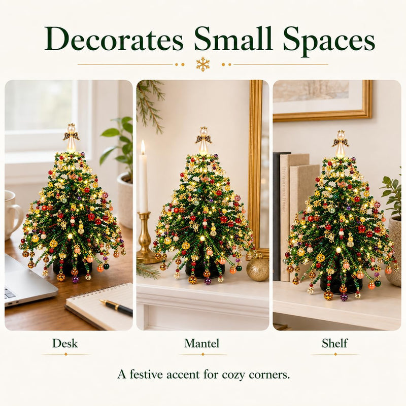 11" DIY Beaded Christmas Tree Kit with Lights & Decorations, Realistic Tabletop Holiday Decor for Home, Weddings, Events & Gifting