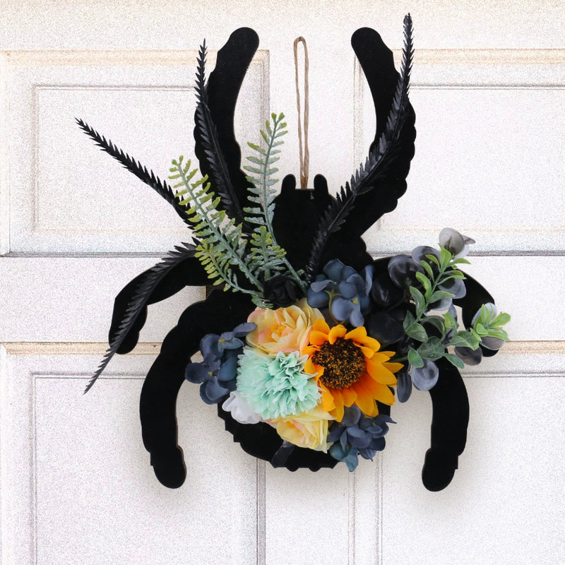 Halloween Spider Web Wreath with Real-Touch Flowers, 12" Wide, Indoor/Outdoor Decor for Holidays, Window Displays, and Seasonal Arrangements