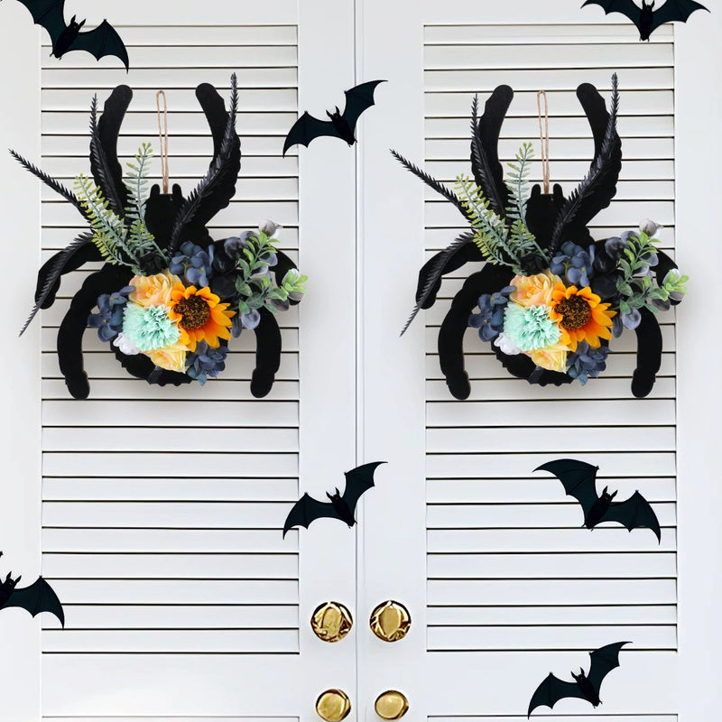 Halloween Spider Web Wreath with Real-Touch Flowers, 12" Wide, Indoor/Outdoor Decor for Holidays, Window Displays, and Seasonal Arrangements