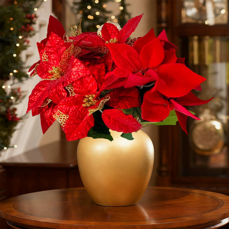 Artificial Poinsettia Stems with Gold Dust, 17", Real-Touch Silk Flowers, Holiday Decor, Christmas Tree Arrangements, Wedding Centerpieces, Home Decor
