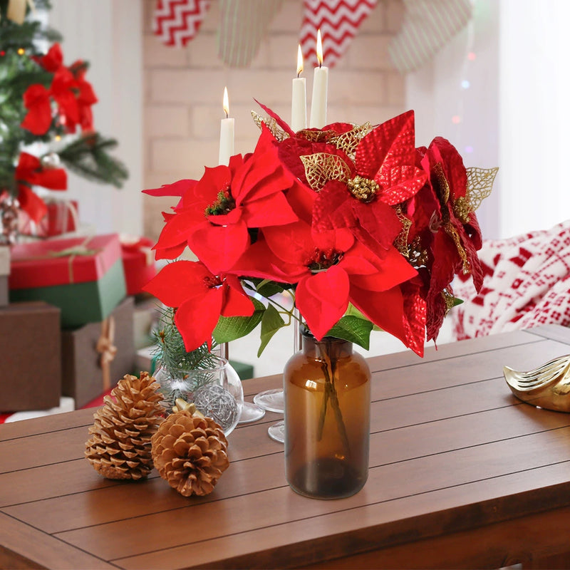 Artificial Poinsettia Stems with Gold Dust, 17", Real-Touch Silk Flowers, Holiday Decor, Christmas Tree Arrangements, Wedding Centerpieces, Home Decor