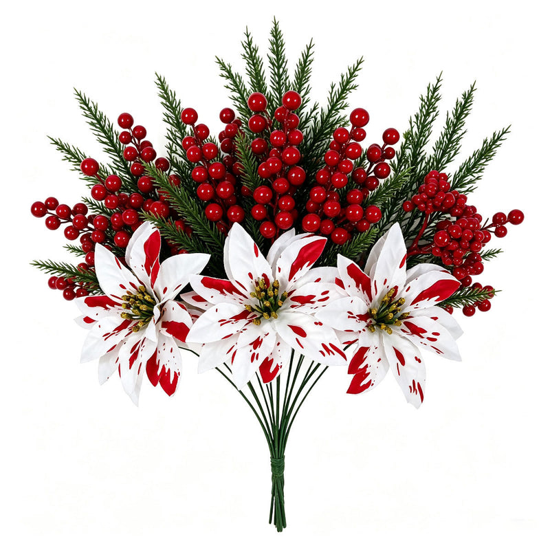Real-Touch Poinsettia Stems, 13" Christmas Floral Spray with Pine Cones, Holiday Decor for Home, Weddings & Retail Displays