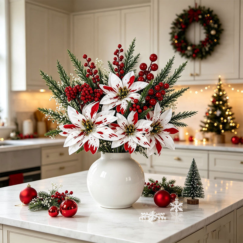 Real-Touch Poinsettia Stems, 13" Christmas Floral Spray with Pine Cones, Holiday Decor for Home, Weddings & Retail Displays