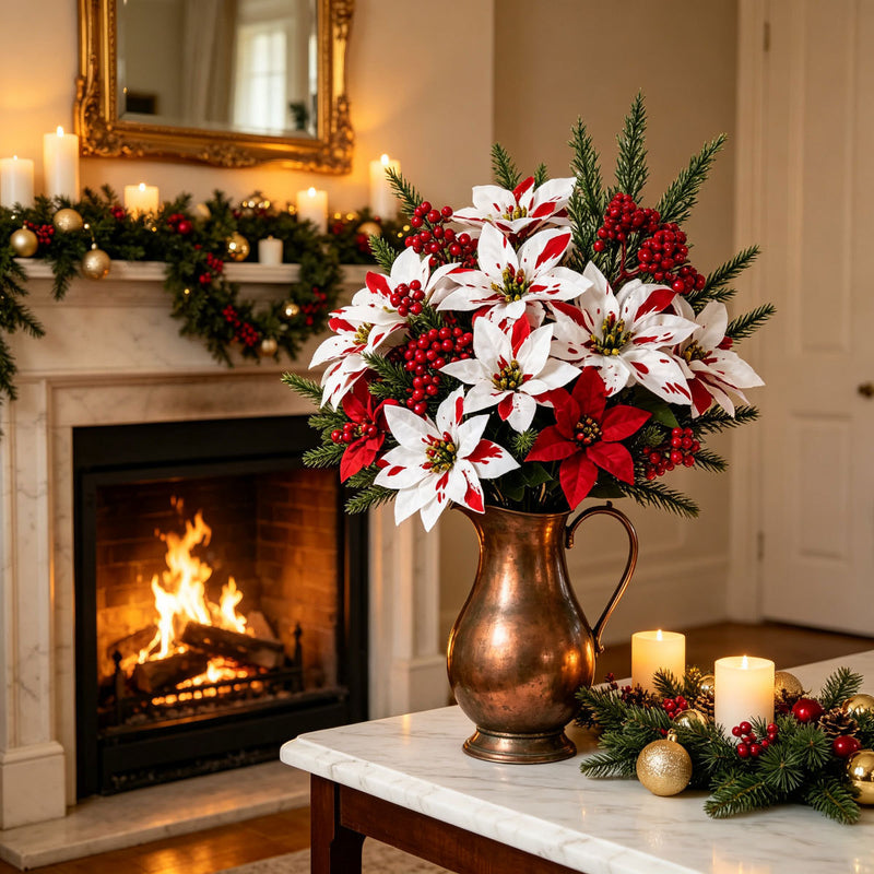 Real-Touch Poinsettia Stems, 13" Christmas Floral Spray with Pine Cones, Holiday Decor for Home, Weddings & Retail Displays