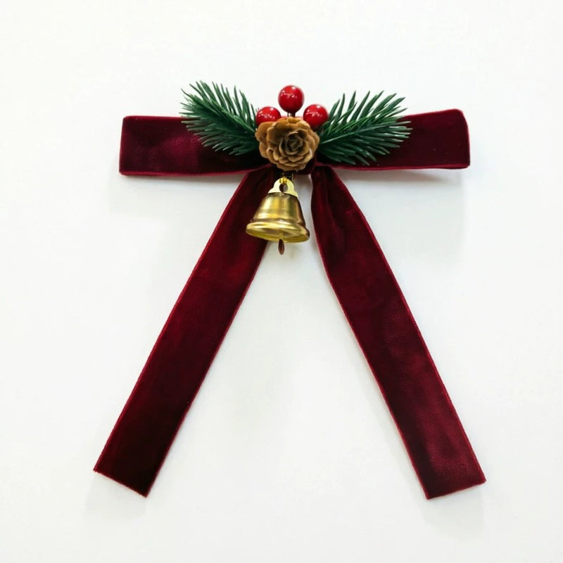 Velvet Christmas Bow Ornaments, Holiday Decorations with Bells (7" Length) - Tree, Door, Gift & Party Decor