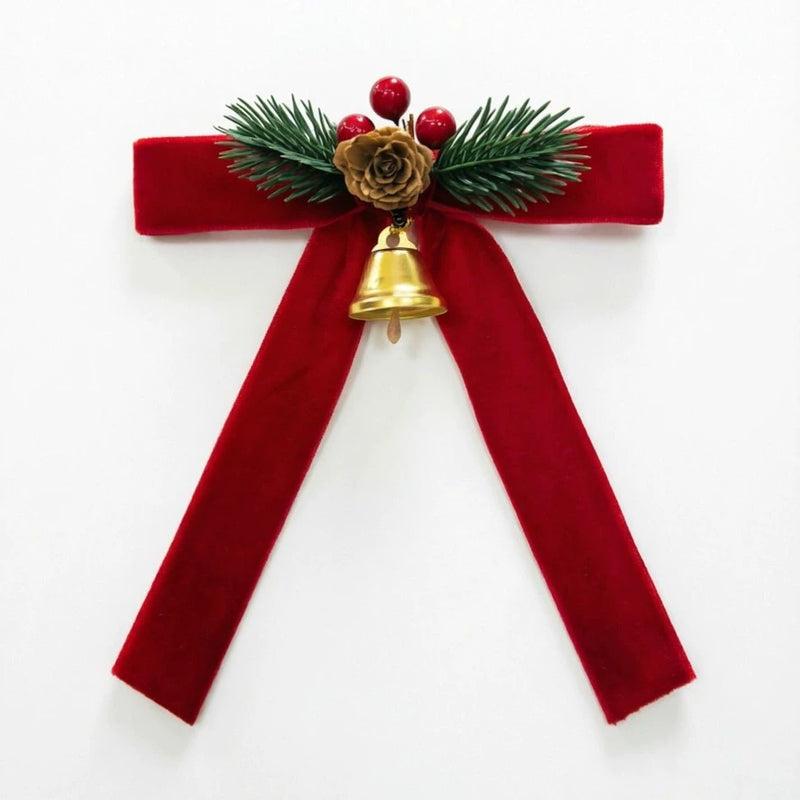 Velvet Christmas Bow Ornaments, Holiday Decorations with Bells (7" Length) - Tree, Door, Gift & Party Decor