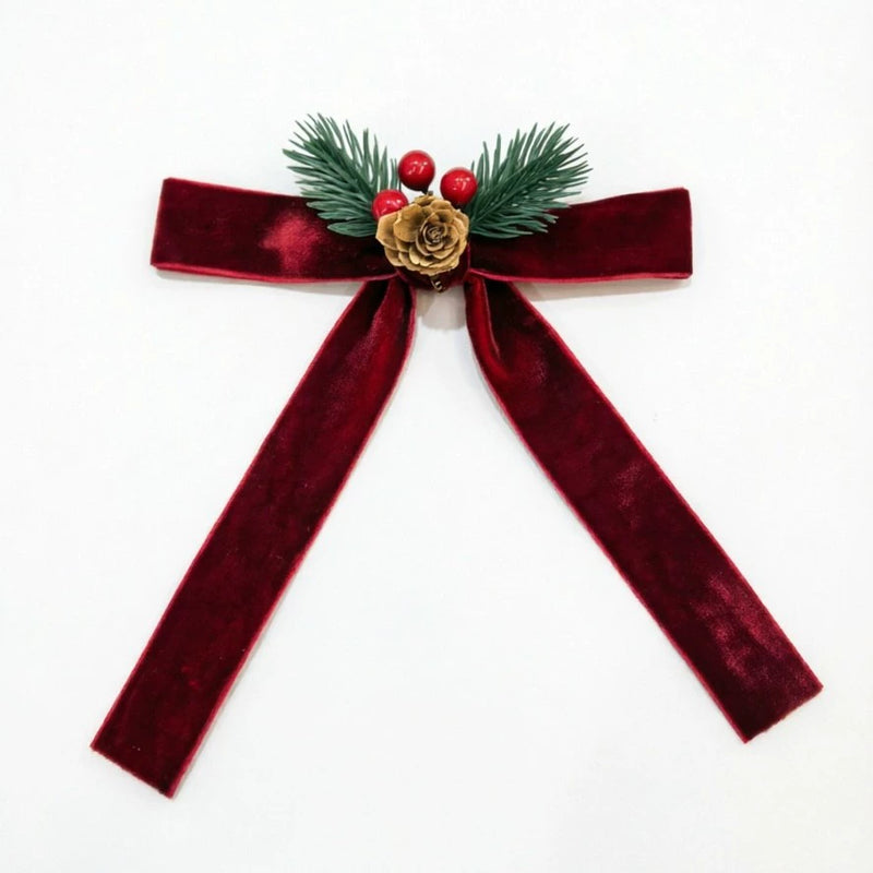Velvet Christmas Bow Ornaments, Holiday Decorations with Bells (7" Length) - Tree, Door, Gift & Party Decor