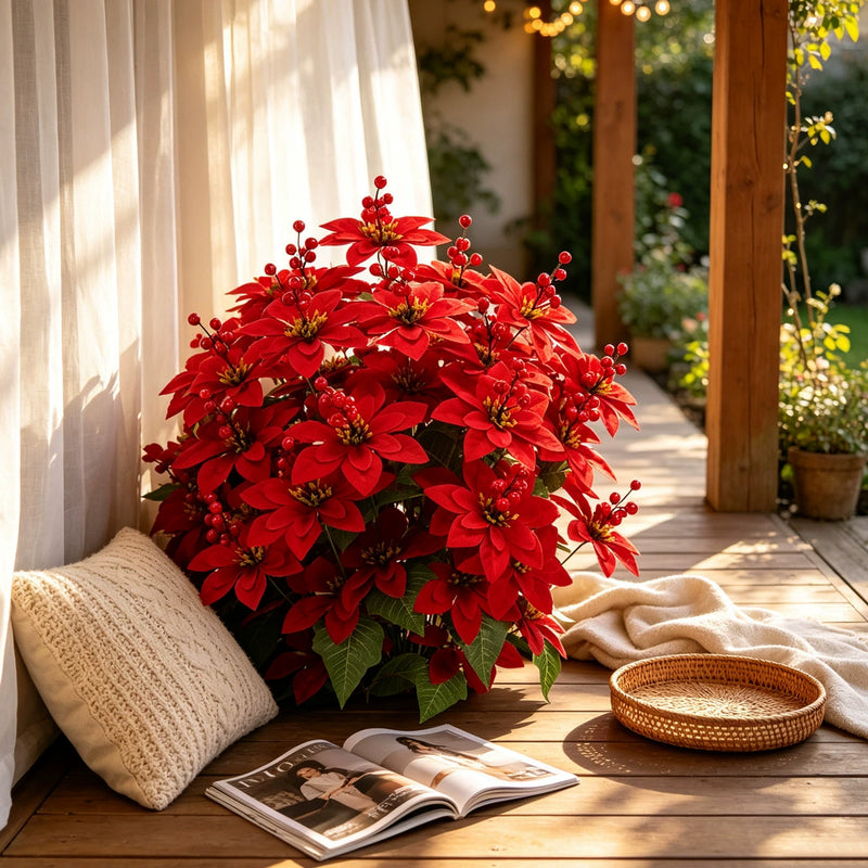 Artificial Poinsettia Stems, 35" Tall, 48 Real-Touch Flower Heads, Christmas Holiday Decor, Wedding & Home Arrangements, Bulk Florist Supplies