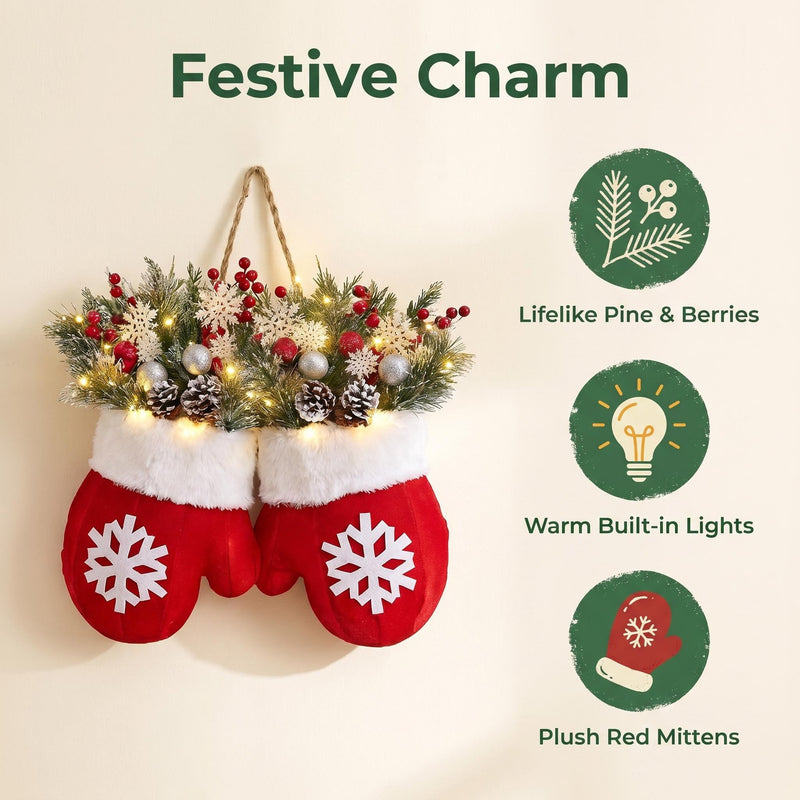 Christmas LED Glove Wreath with Pine Cones & Berries, 14" Real-Touch Faux Greenery, Indoor Holiday Decor for Home, Weddings & Retail Displays