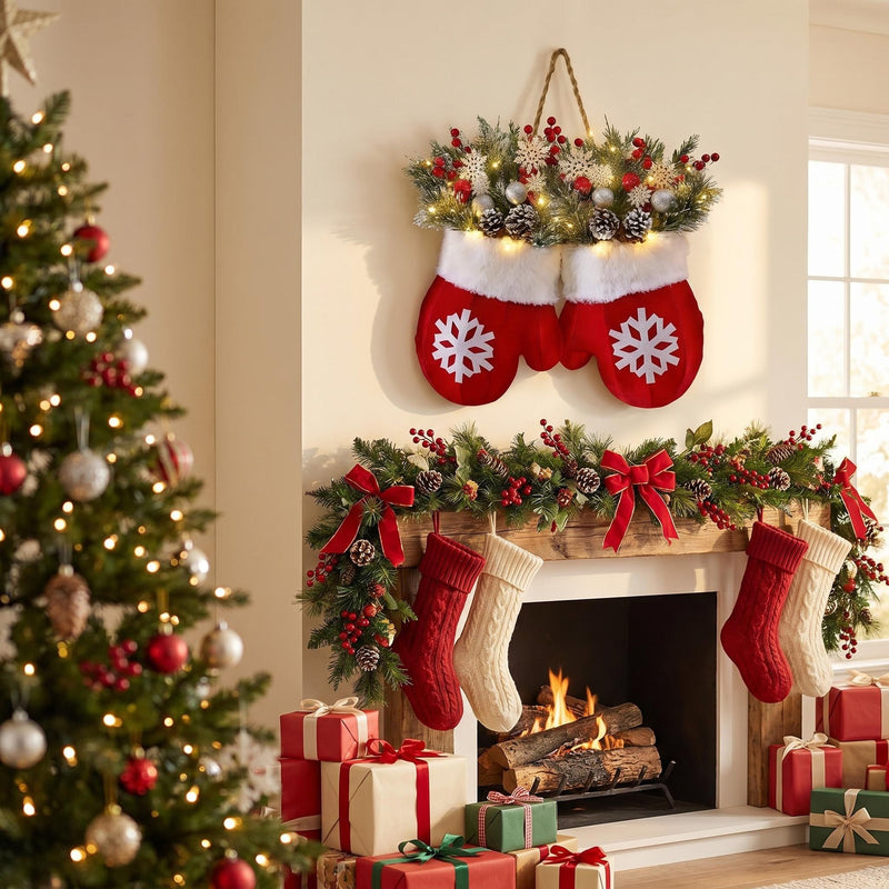 Christmas LED Glove Wreath with Pine Cones & Berries, 14" Real-Touch Faux Greenery, Indoor Holiday Decor for Home, Weddings & Retail Displays