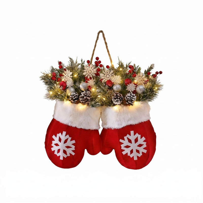 Christmas LED Glove Wreath with Pine Cones & Berries, 14" Real-Touch Faux Greenery, Indoor Holiday Decor for Home, Weddings & Retail Displays
