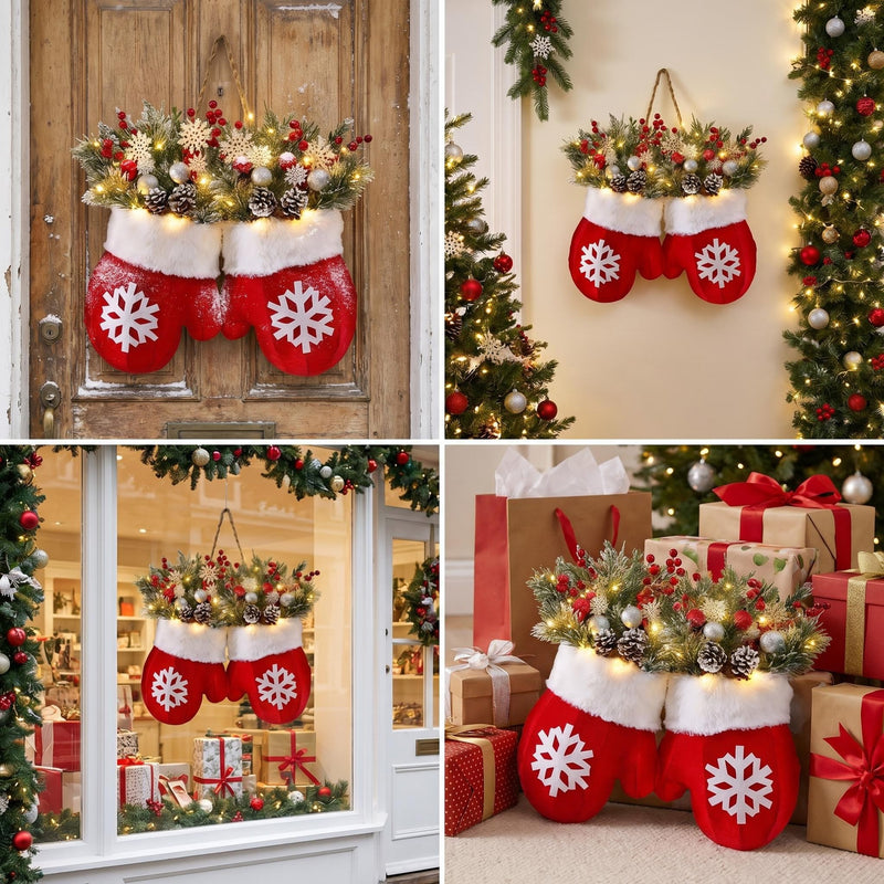 Christmas LED Glove Wreath with Pine Cones & Berries, 14" Real-Touch Faux Greenery, Indoor Holiday Decor for Home, Weddings & Retail Displays