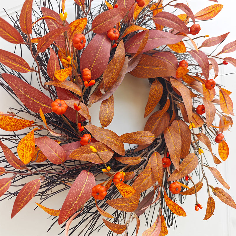 Fall Maple Leaf & Pumpkin Wreath, 17" Diameter, Real-Touch Faux Maple Leaves, Autumn Decor for Home, Wedding, Events, Seasonal Gifting