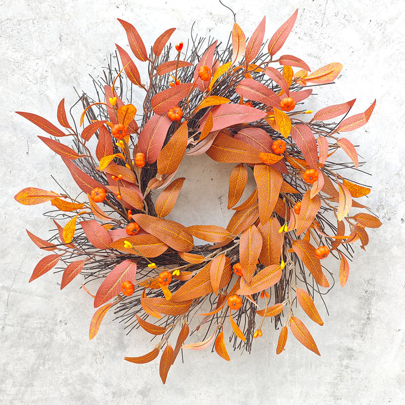 Fall Maple Leaf & Pumpkin Wreath, 17" Diameter, Real-Touch Faux Maple Leaves, Autumn Decor for Home, Wedding, Events, Seasonal Gifting
