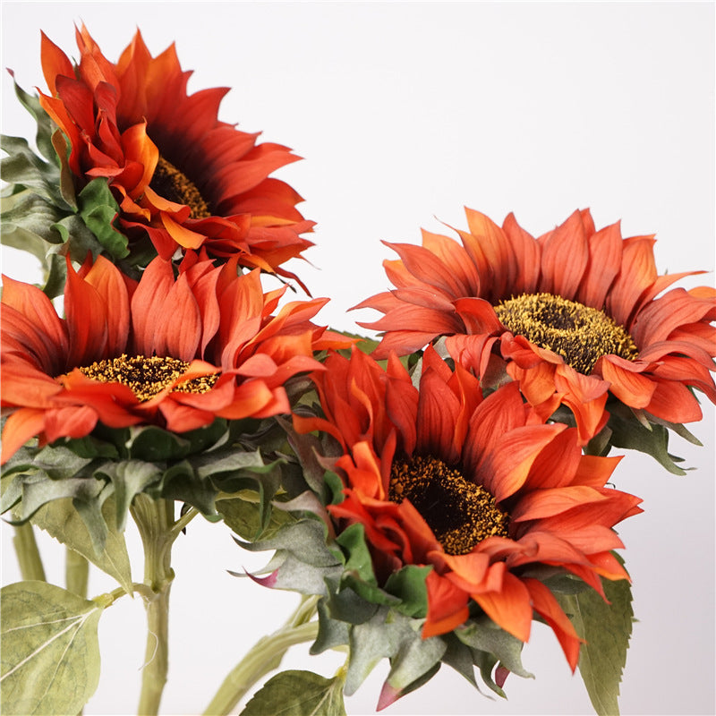Real-Touch Sunflower Stems, 28" Tall, 6" Flower Heads, Mixed Material, Orange-Red Flame Theme, Perfect for Home Decor, Weddings, Events, and Holiday Arrangements